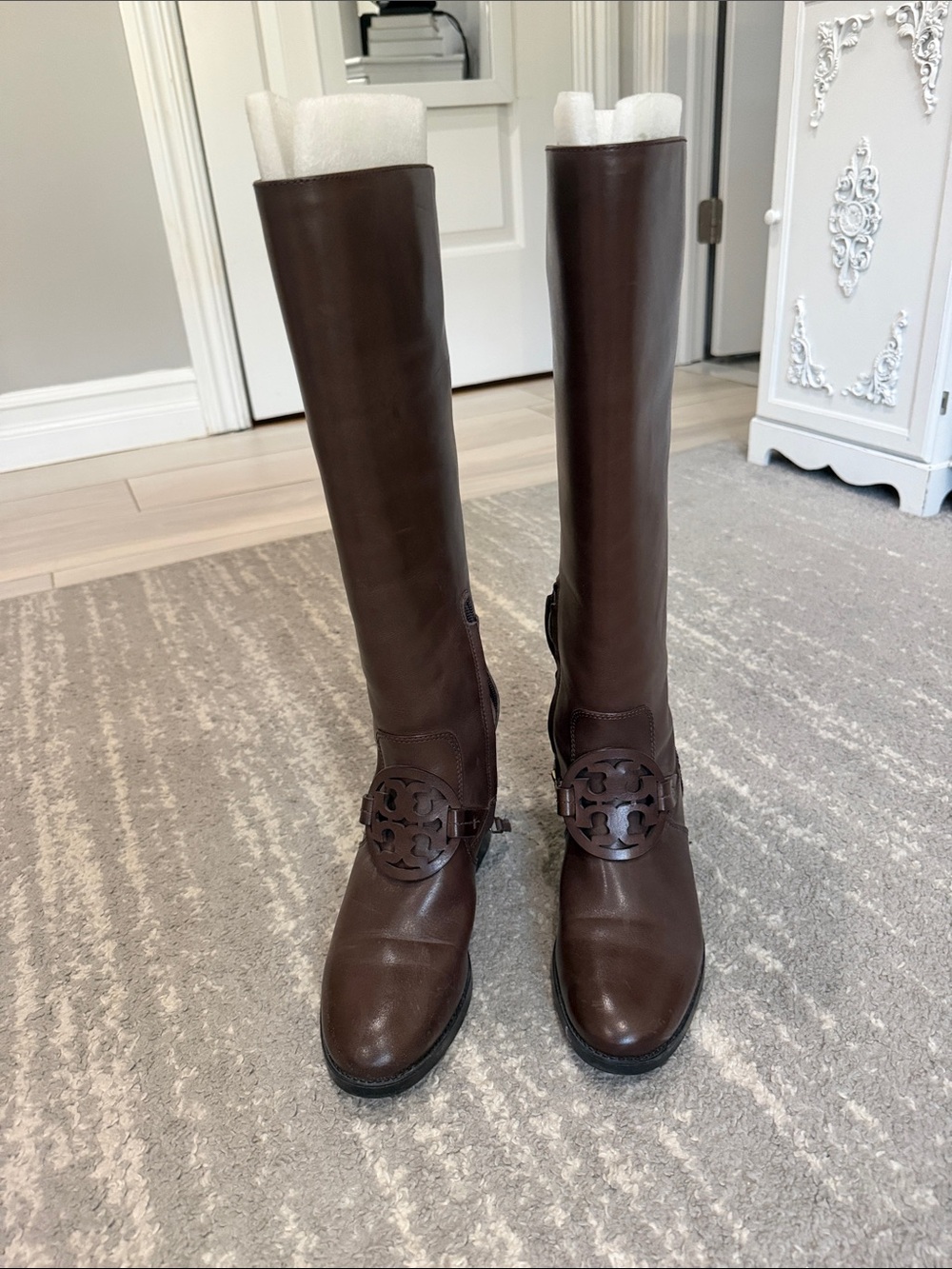 Tory Burch Brown Leather Tall Riding Boots with Logo Medallion